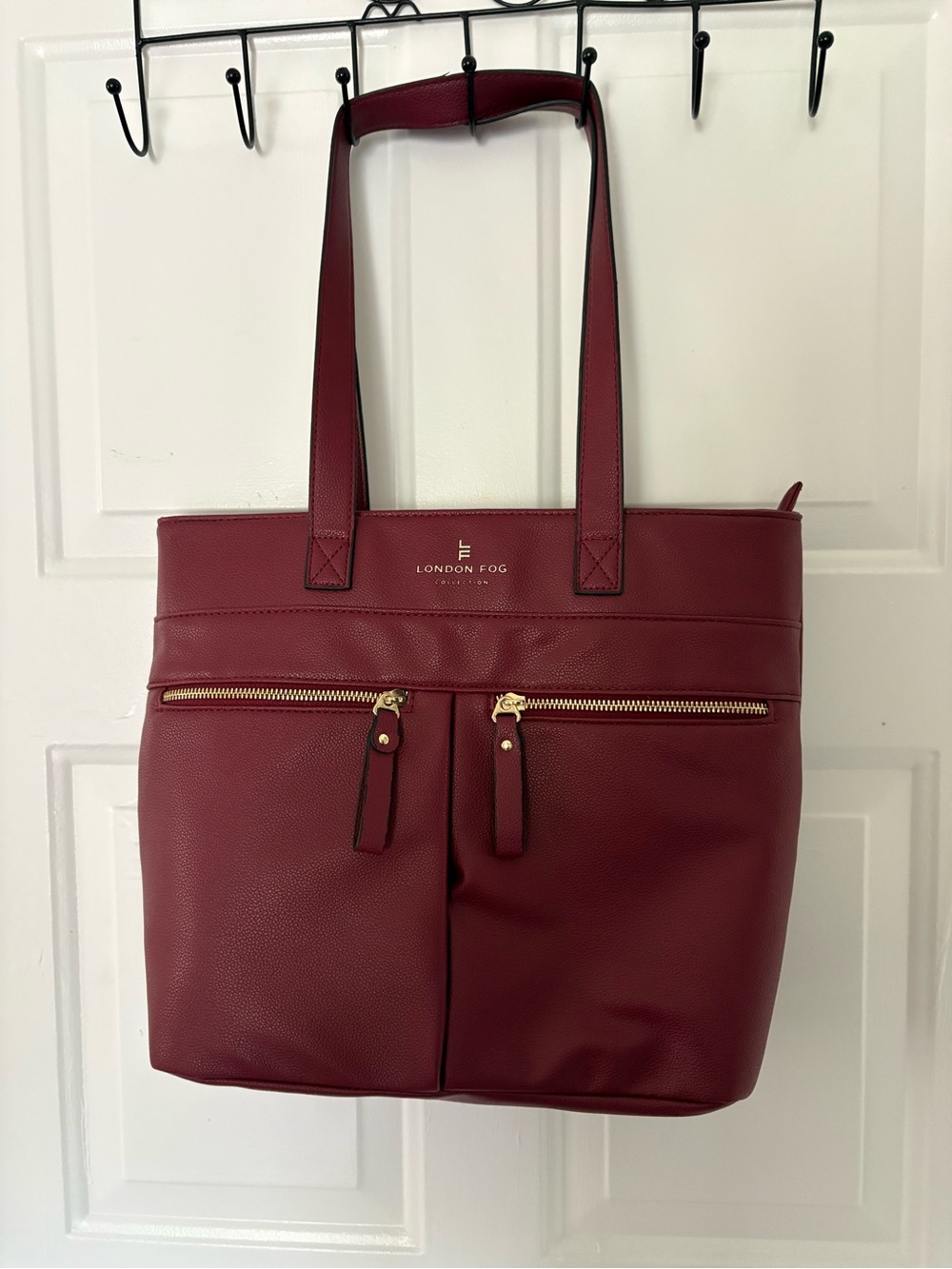London Fog Wine Red Tote with Gold Zippers